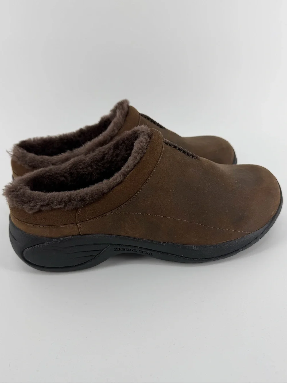 Merrell Encore Chill 2 Faux Fur Lined Brown Leather Slip-On Moccasins, Men's 9